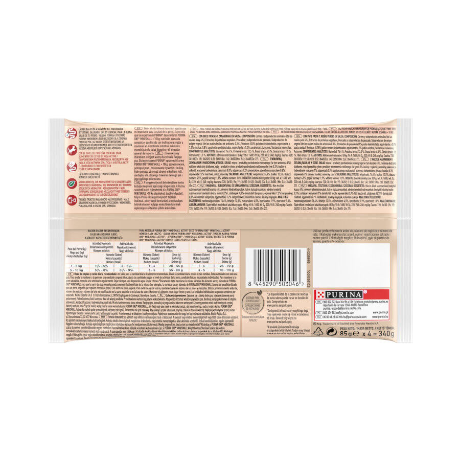 4 saquetas x 85 g One Mini Small Active Multipack Carne de Vaca e Pato com molho para c&atilde;es , , large Imagem n&uacute;mero 2